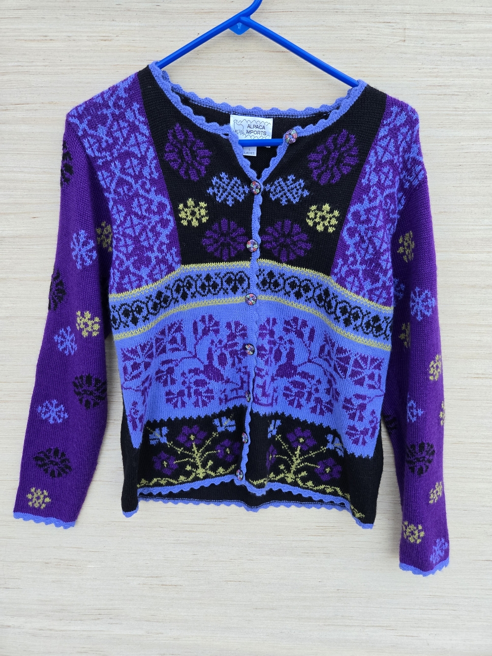 Vintage Alpaca Imports purple and blue knit cardigan